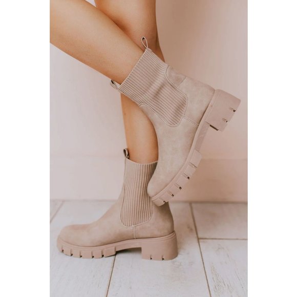 NEW Taupe Beige Chunky Lug Sole Platform Elastic Sock Ankle Chelsea Bootie Boots - Picture 12 of 13